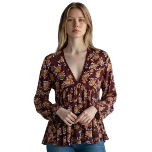 UMGEE BROWN & BLUE FLORAL BOHO-INSPIRED BLOUSE SZ.M EUC. - Picture 1 of 9